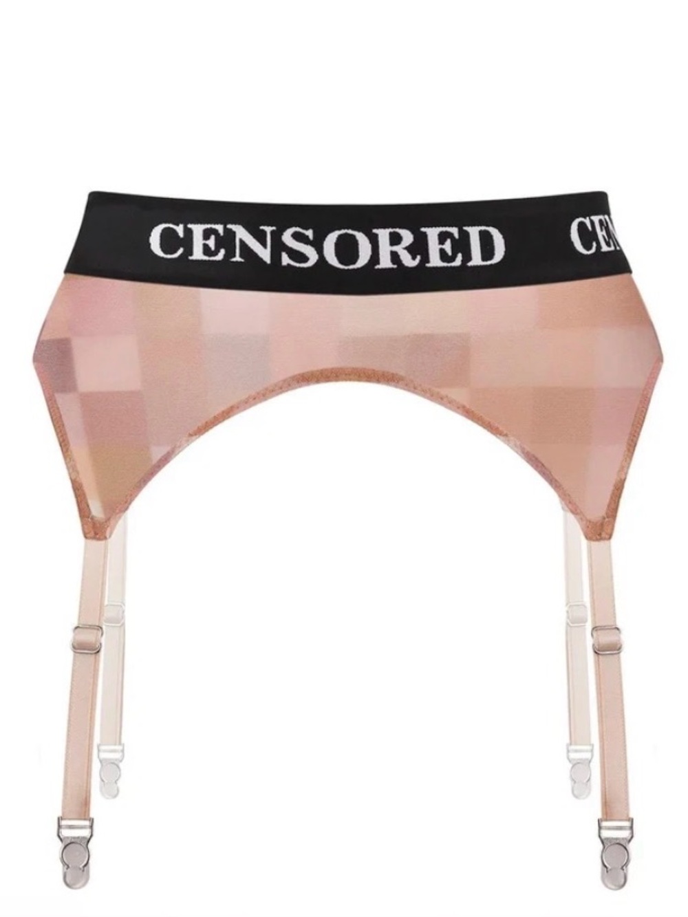 Baed Stories Censored Mesh Garter Belt Peach/Nude Black Logo Trim Large NWOT